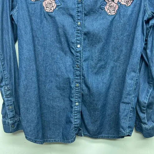 Buffalo Embroidered Chambray Women's Button Front Blue Shirt Sz Large Breathable