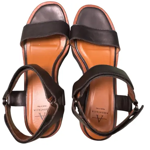 Aquatalia Black Leather Platform Wedge Sandals Size 7 Made in Italy Elevated Fit