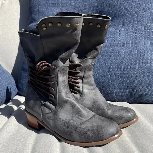 Stylish Gray Faux Leather Boots zip up size 40 UK ~ 9 / 8.5 US cute lace zipper