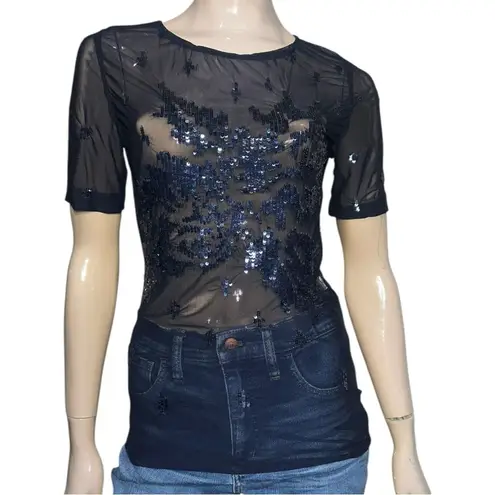 Rouge a Levres Women’s Size 44 M Navy Blue Sequin Embellished Mesh Sheer Top Size M
