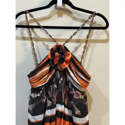 bdba Silk Maxi Dress Size Small Resort Ocean Beaded Straps Stripped 3D Halter