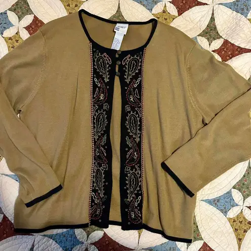 Unique vintage tan and black embroidered cottagecore grandma cardigan Size XL