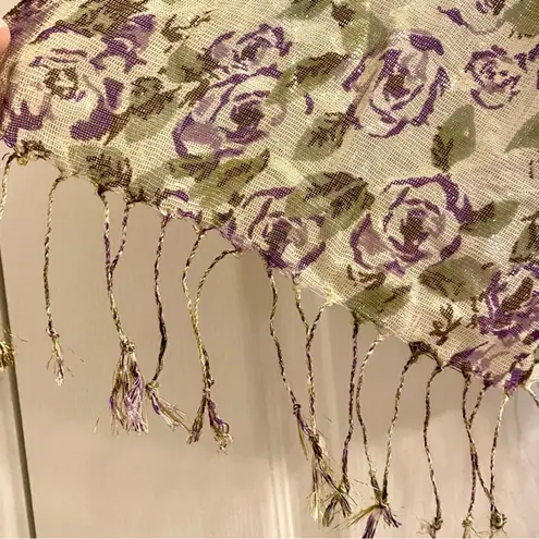 Gold Purple Floral Metallic Tassel Scarf Womens One Size