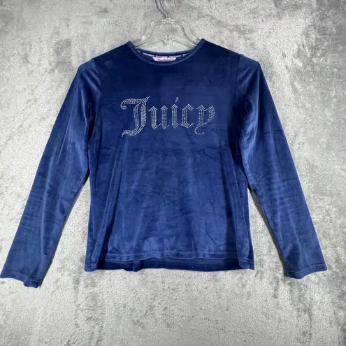 Juicy Couture  Velour Top Womens L Navy‎ Rhinestone Logo Long Sleeve Y2K Lounge
