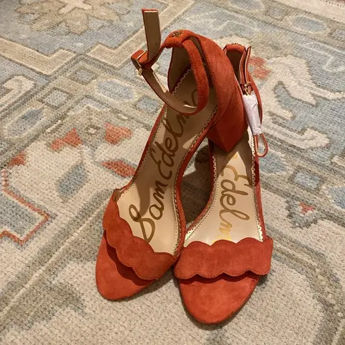 Sam Edelman  Odila Leather Suede Block Heel Scalloped Sandals Dusty Orange Sz 10