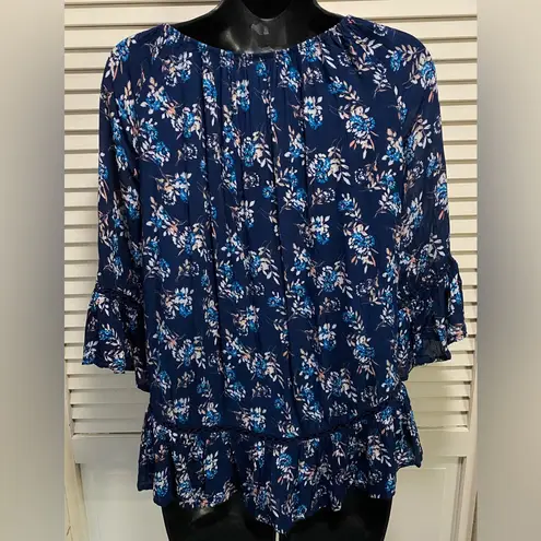 Fever Blouse Size Small Blue Floral Ruffle Crochet Elastic Hem 3/4 Sleeves Boho