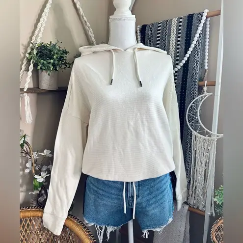 Natural Reflections Cream Ribbed Pullover Smocked Tie Hem Hooded Sweatshirt