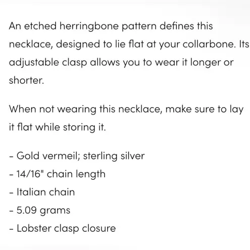 Jennifer Zeuner | Hamilton 14K Gold Vermeil Herringbone Necklace W/Dustbag - NWT