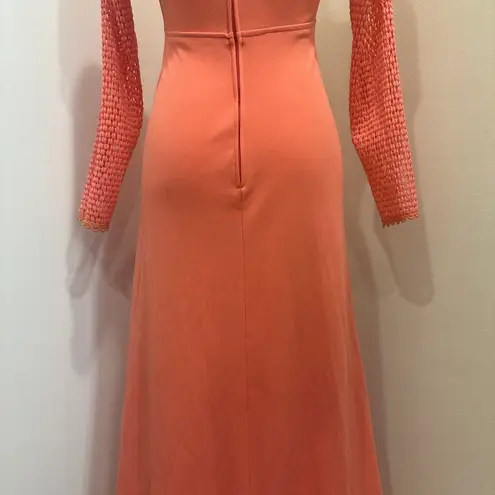 None VTG 70s Coral Long Crochet Sleeve Maxi Dress Victorian Edwardian Revival Size XS