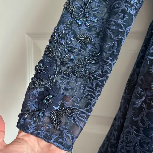 Mac Duggal Women’s Embellished Illusion Long Sleeve A-Line Gown Navy Sz 8- NWOT