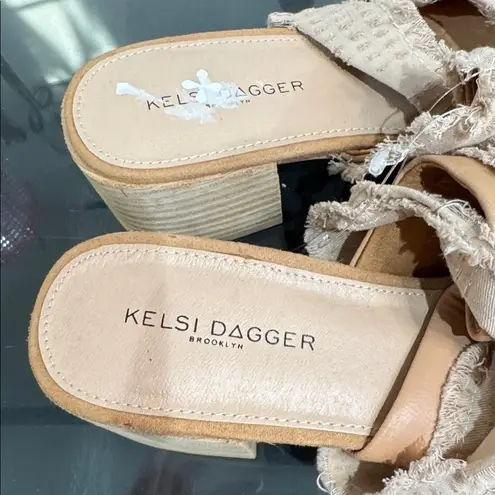 Kelsi Dagger Brooklyn Women Beige Fringed Platform Block Heel Mules Size 10 Tan