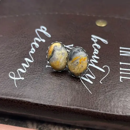 Mexican Crazy Lace Agate Earrings • Natural Stone • Stainless Steel Stud Backs Orange