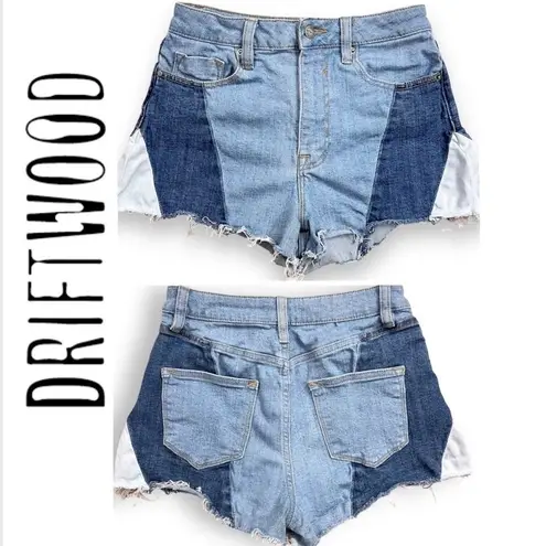Driftwood Colorblock highrise jeans shorts, frilled hem, size 25