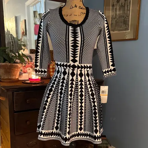 Nina Leonard Black and White Geometric Print Fit & Flare Sweater Dress NWT