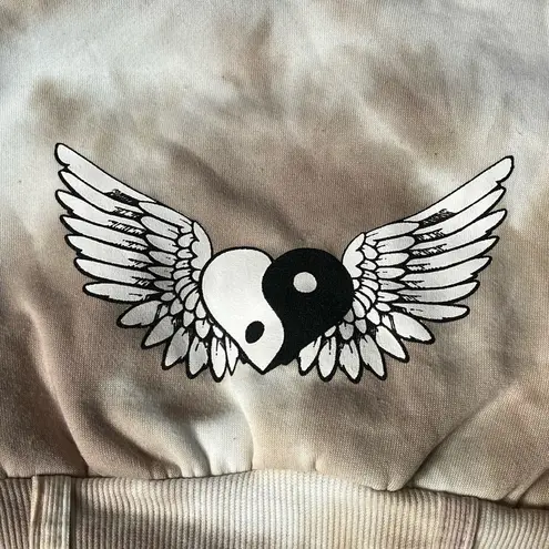 Faded Rose Yin Yang Heart Wings Tie Dye Cropped Hooded Sweatshirt Tan Size Small