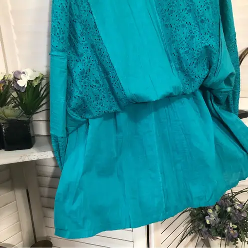 Susan Graver  boho teal blue cotton elastic waist full midi skirt sz M