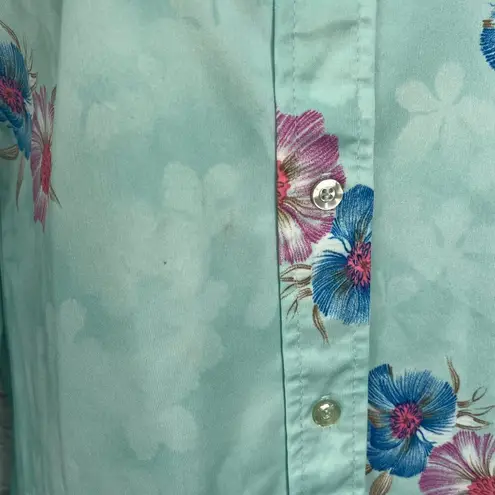 Vintage Nikki Button Down Blouse Teal Floral 70s Size M Long Sleeve Disco Blue Size M