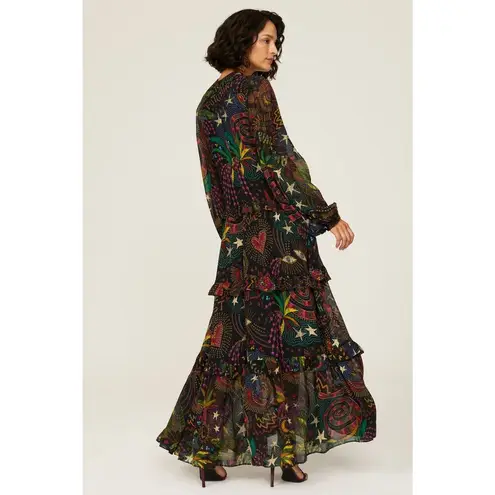 Farm Rio Black Amazonia High Neck Jungle Theme Ruffle Tiers Maxi Dress Size XS