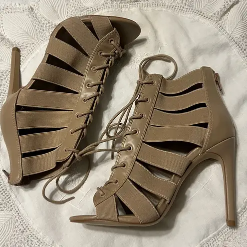 mix no. 6  Anunia Strappy Stiletto Lace Up Heels Shoes Women’s Size 8 Beige Tan