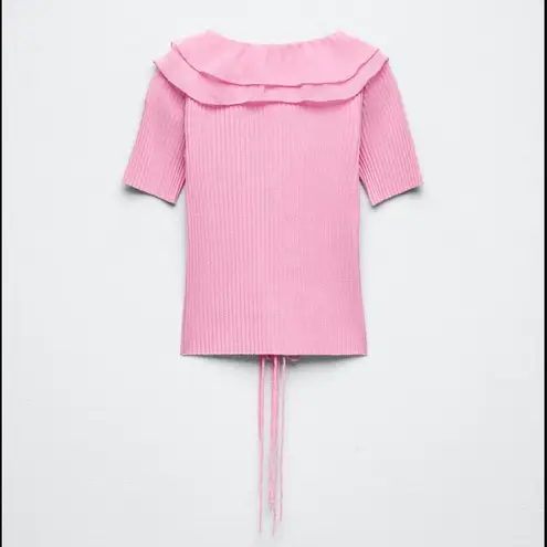 ZARA NWT  RUFFLED RIBBED T-SHIRT PINK