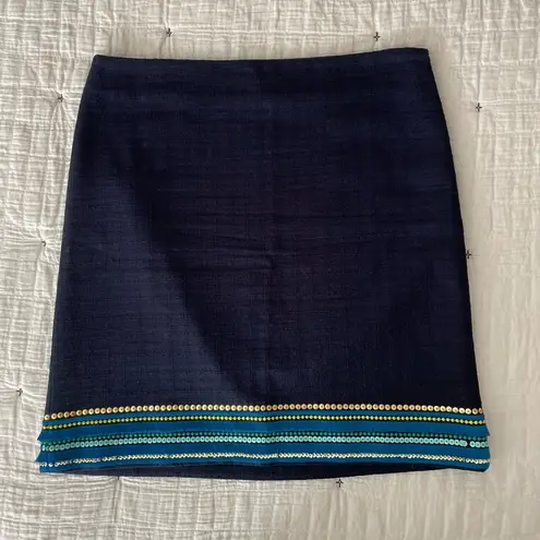 Talbots  Tweed Knit Embroidered Sequin Fringe Pencil Skirt Navy Blue Size 10