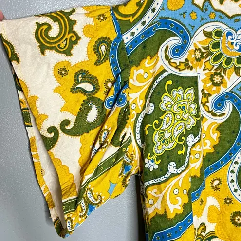 Haute Hippie Style Linen Blend Boho Paisley Patchwork Print Top Green Blue M