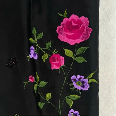 Yves Cossette Depeche Mode Silk Floral Embroidered Beaded High Rise Crop Pant Black Size 10