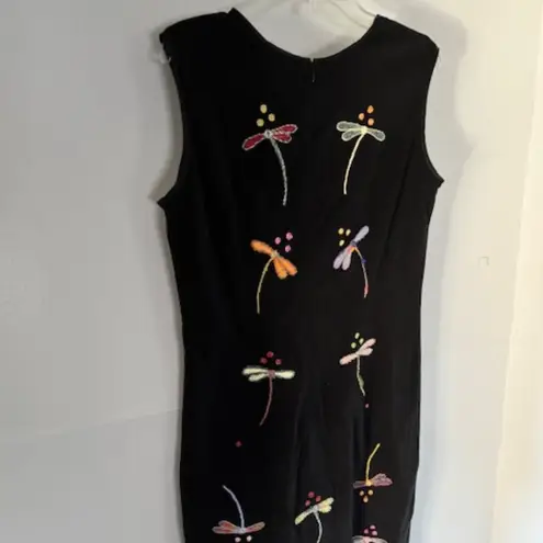 Pong Sheath Dress 12 Black Embroidered Dragonflies Artsy Whimsical Modern Boho