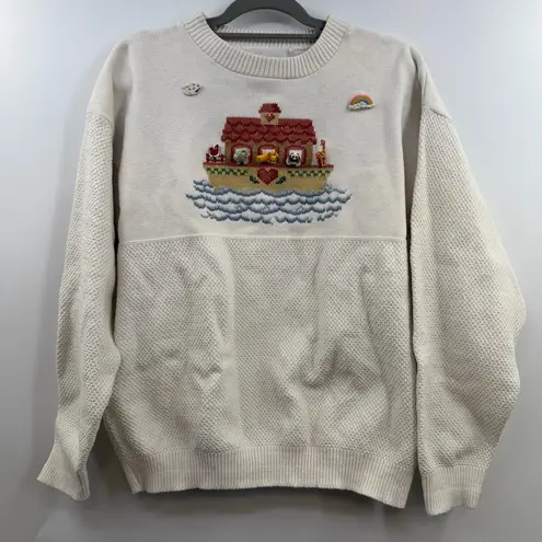 Vintage Sue Hillis Noah's Ark sweater 3D animals ceramic buttons cream M USA Size M