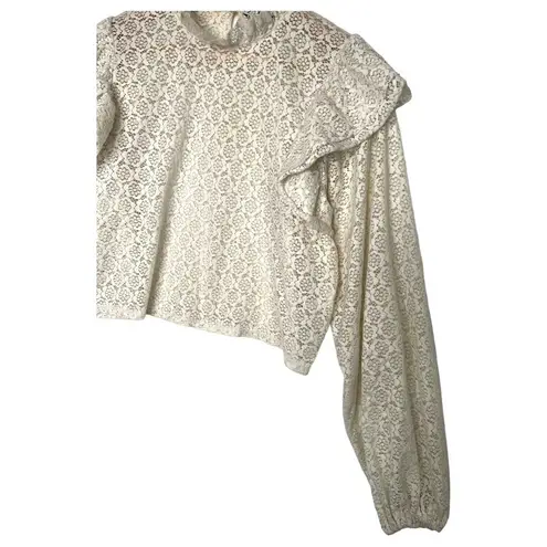 ZARA  Top Womens M Floral Lace Ruffle Neck Shoulders Long Sleeve High Neck Cream