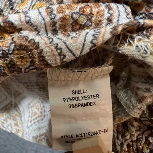 MELLODAY Peasant Top Small Brown Cream Diamond Print 3/4 Sleeve Smocked