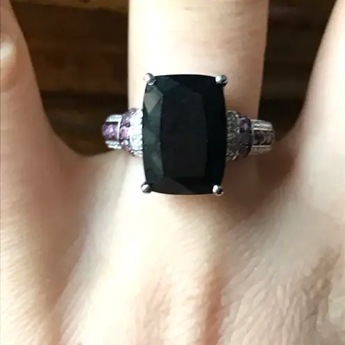 Natural Black Jade Pink Sapphire Sterling Silver Ring Size 8