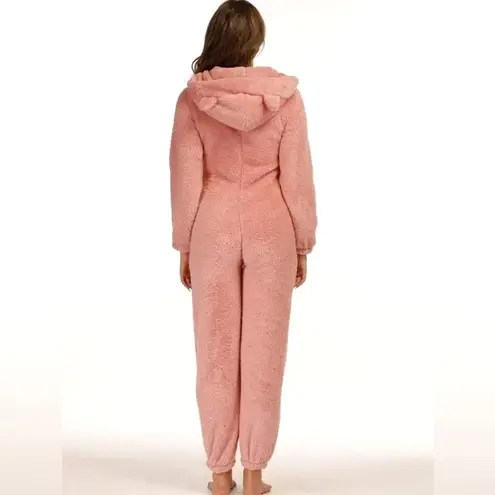 Zip Up Hooded Teddy Jumpsuit with Ears Black