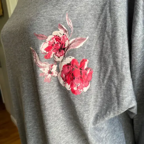 Gray Pajama Top With Pink Floral Applique 3/4 Sleeves Cozy Loungewear NWT Size L