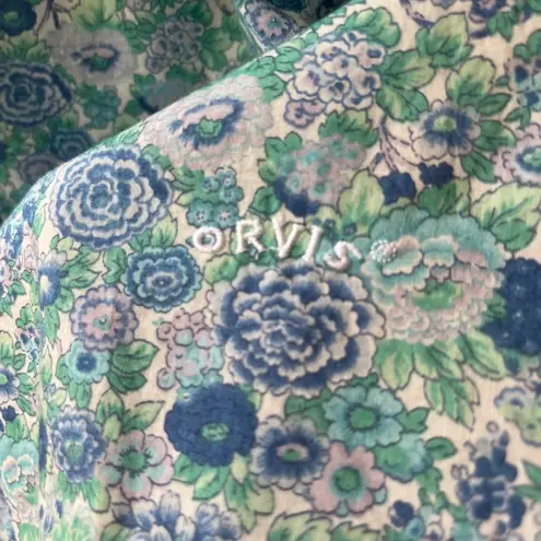 Orvis Sz 10 Blue Ditsy Floral Button Up Shirt Blouse Mock Ruffle Neck