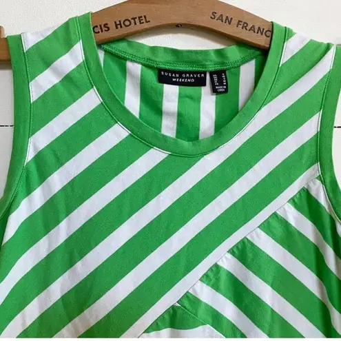 Susan Graver Weekend Green and White Asymmetrical Striped Tank Top S
