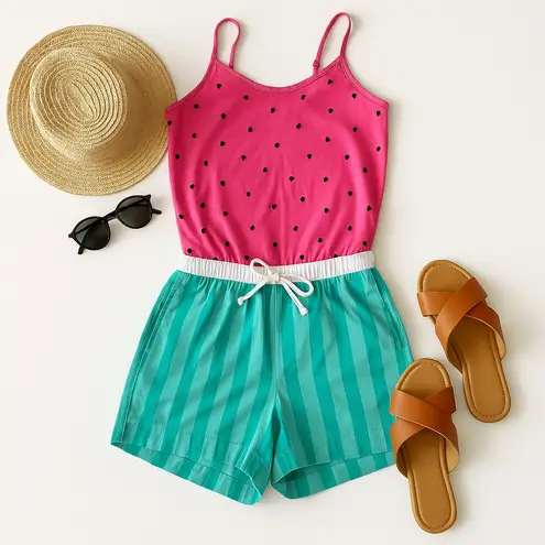 Tipsy Elves Watermelon Romper Size S Pink Green Striped Drawstring Shorts in EUC - Image 3