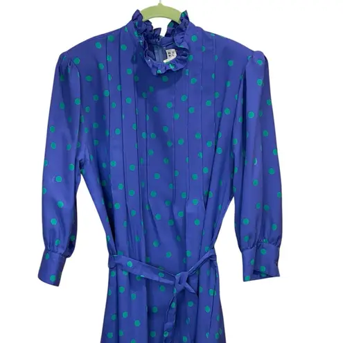 Vintage 80s CIAO LTD Size 14 Midi Dress Ruffle Blue Green Polka Dots Librarian