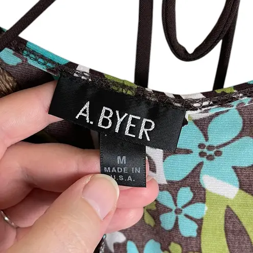 A Byer Vintage Y2K A. Byer Womens Size Medium Drop Waist Brown Teal Floral Halter Dress