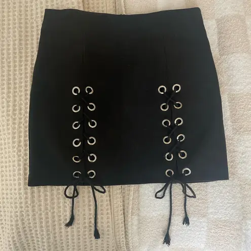 Black Silver Grommet Corset Lace Up Mini Skirt