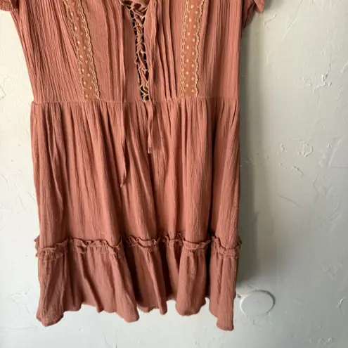 Showpo Dress Festival Small Pink Mauve Boho Flutter Sleeve Lace Up Mini Casual