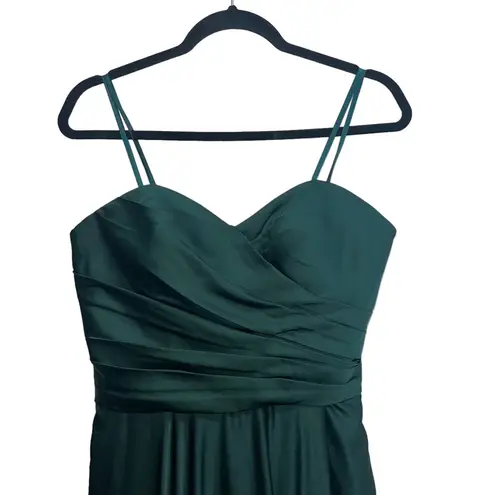 La Femme Strapless Sweetheart Satin Wrap Bodice Maxi Gown Emerald Green