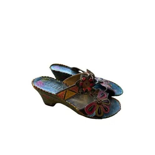 Womens Elite by Corkys Leather Wedge Sandals by Elites Size 7 Multicolor with Fl