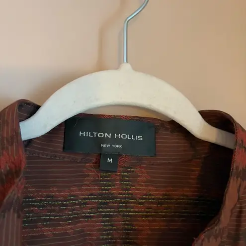 Hilton Hollis purple orange plaid 3/4 sleeve button down mandarin collar top M Size M
