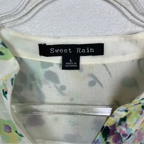 Sweet Rain Floral Chiffon Half Button Down Blouse Size L