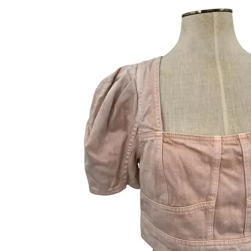 Ulla Johnson Renee Top Crop Denim Puff Sleeve Zip Sweetbriar Pink Size 8