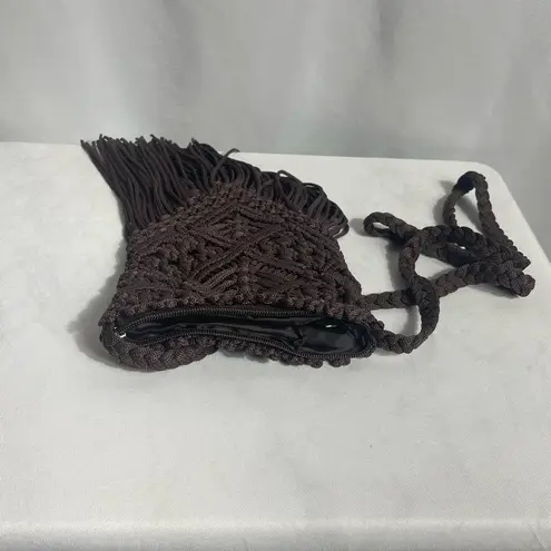 Vintage Boho Macramé Fringe Crossbody Bag Brown Handmade Festival Purse