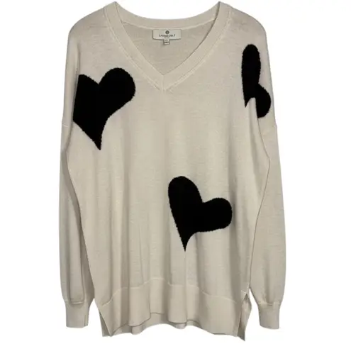 Laurie Felt V Neck Cream Black Heart Print Cashmere Blend Sweater Women Medium