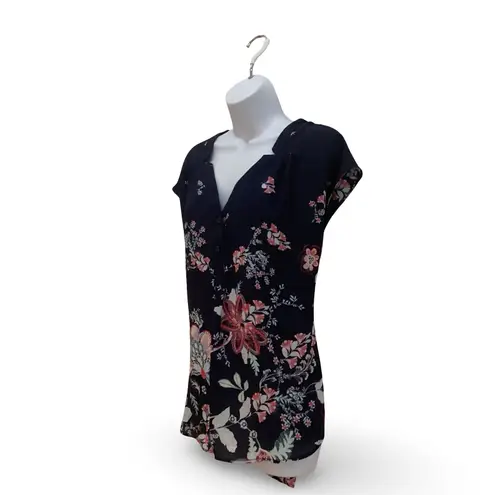 NY & Co Navy Coral Floral Cap Sleeve Blouse Blue Size L