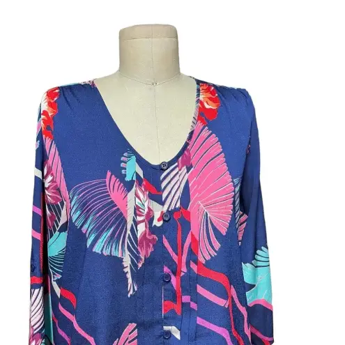 Yumi Kim Lizzie Floral Roll Tab Sleeve Top in Blue with Pink, Red, Teal Size XS